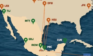 Flight route map to Puebla International Airport (PBC) – national and international air connections.