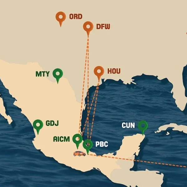 Flight route map to Puebla International Airport (PBC) – national and international air connections.