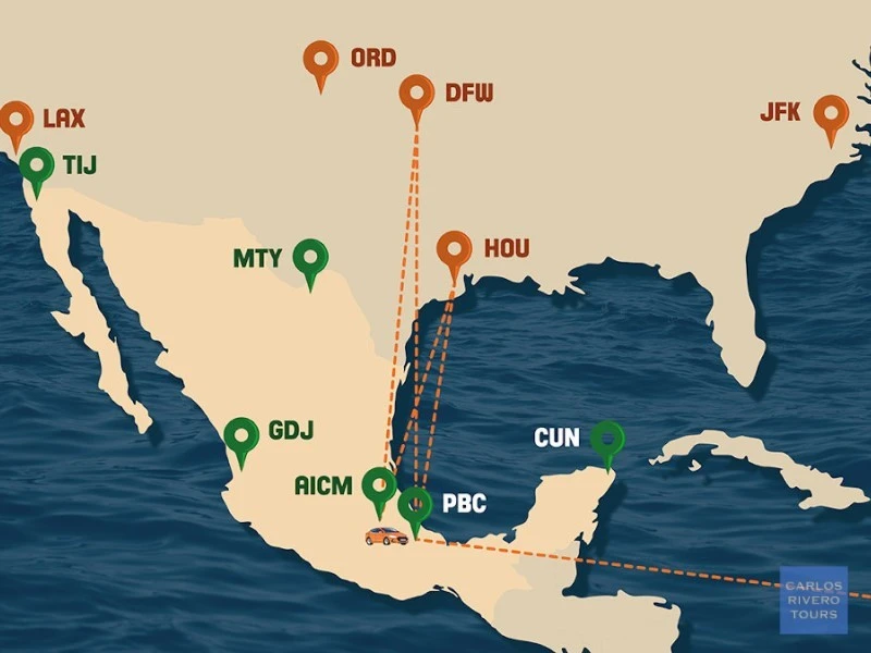 Flight route map to Puebla International Airport (PBC) – national and international air connections.