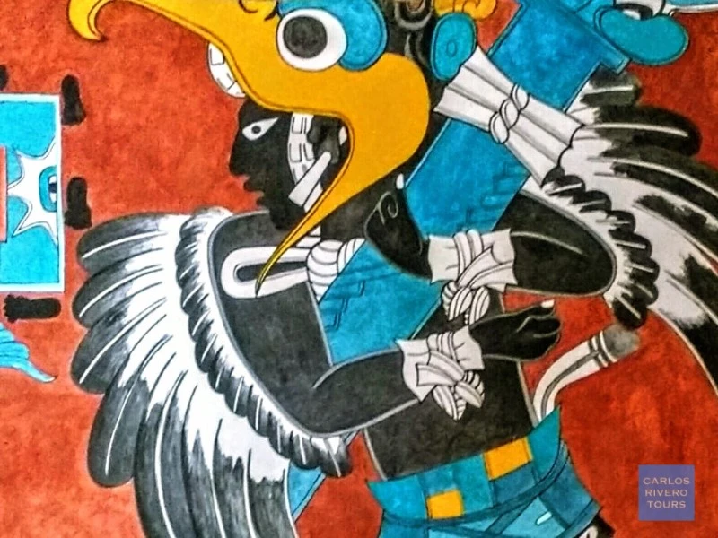 Ancient mural of the Eagle Warrior at Cacaxtla, showcasing vivid Mesoamerican artistry, mythological symbolism, and elite warrior iconography from pre-Hispanic times.