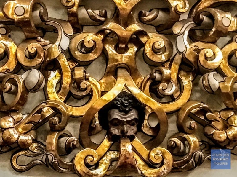 Detail of 17th-century stucco decoration covered with gold leaf in the Capilla del Rosario, Puebla’s Baroque jewel of sacred art