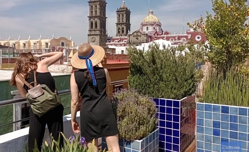 Woman admiring the historic center of Puebla from a scenic rooftop terrace, overlooking colonial architecture and vibrant city views.