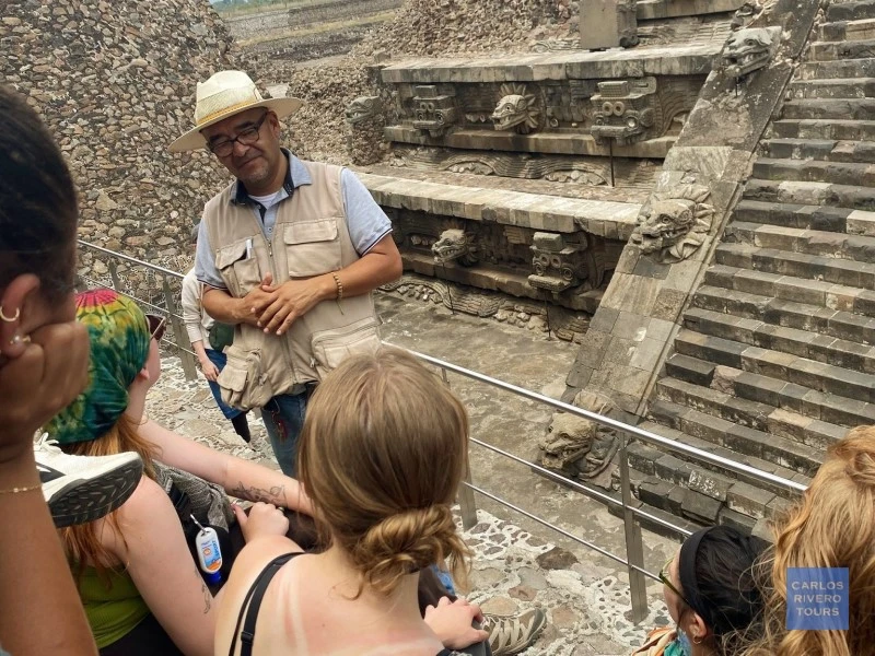 Cultural guide explaining the Pyramid of the Feathered Serpent at Teotihuacan, highlighting the symbolism of Quetzalcoatl in ancient Mesoamerican mythology and sacred architecture.