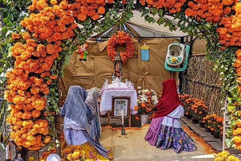 Day of the Dead altar for deceased children in Huaquechula, Puebla – adorned with toys, candles, and tender offerings honoring young souls.