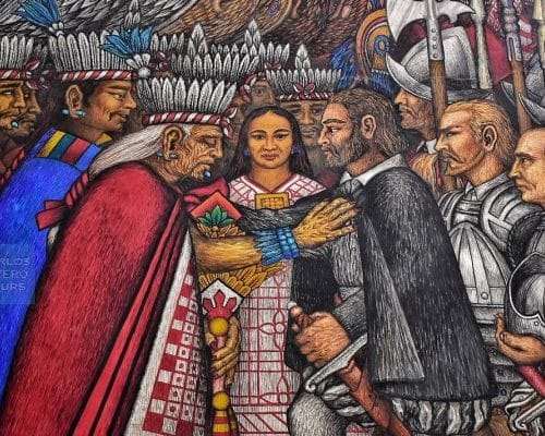 "This mural inside Tlaxcala’s Government Palace depicts the pivotal moment when Hernán Cortés forged an alliance with the four lords of Tlaxcala. Painted by master muralist Desiderio Hernández Xochitiotzin, it captures the encounter that shaped Mexico’s colonial history. On our guided tour from Puebla, you’ll discover the stories behind these murals and their cultural significance, enriched by insights directly shared with your guide by the artist himself."