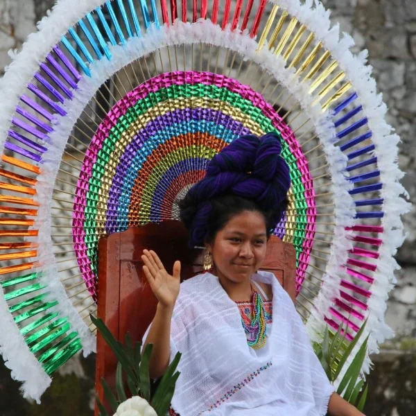 An indigenous woman crowned queen at the Cuetzalan Textile Festival in Mexico.