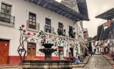 Typical street of the town at the Cuetzalan Textile Festival in Mexico
