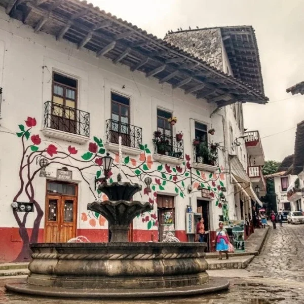 Typical street of the town at the Cuetzalan Textile Festival in Mexico