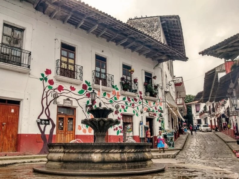 Typical street of the town at the Cuetzalan Textile Festival in Mexico