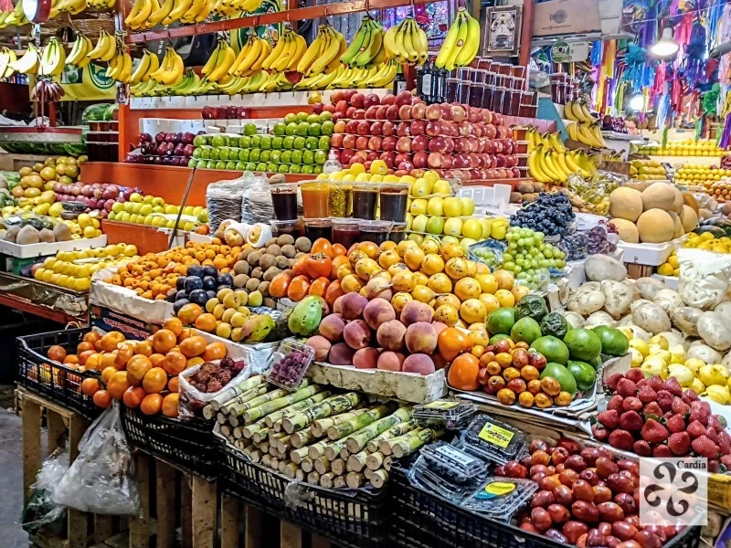 Assortment of seasonal fruits at Puebla market – fresh produce highlighting traditional Mexican flavors and culinary heritage.